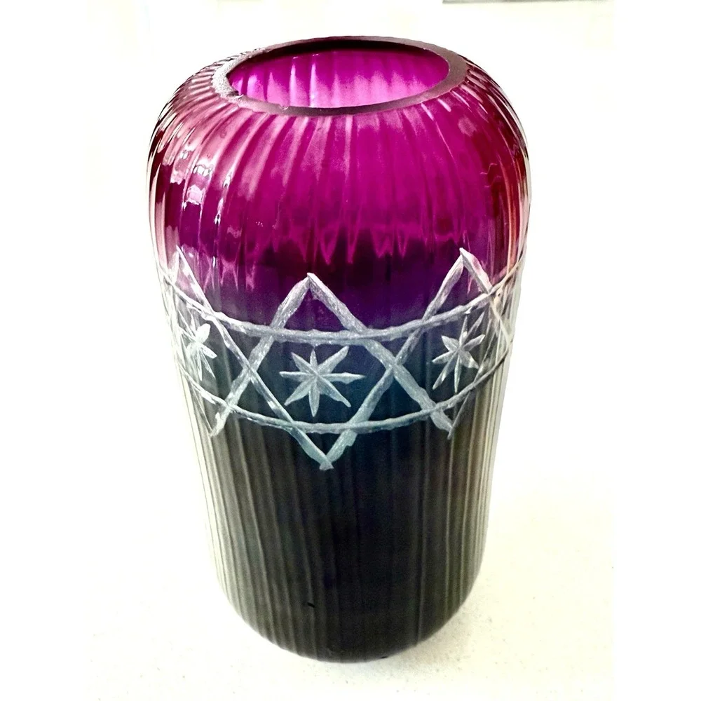 Anthropologie Purple Navy‎ Etched Glass Candleholder Vase 7
